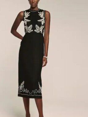 Black Embroidered Linen Midi Dress